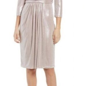 Vince Camuto Women's Size 14 Taupe Rose Metallic Ruched Waist Long Sleeve Dress